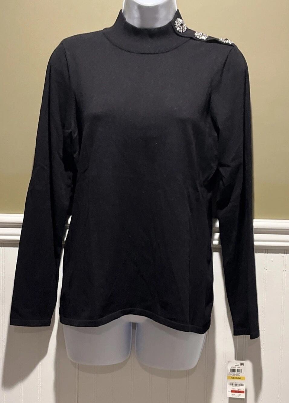 INC International Concepts Mock Neck Top M Black Jeweled Shoulder NWT